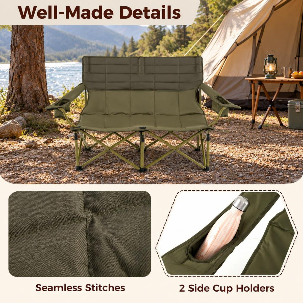 Airfind Oversized Camping Chair Folding Loveseat Camping Couch with Cup Holders Thick Padding, Capacity 660 lbs Capacity, Green