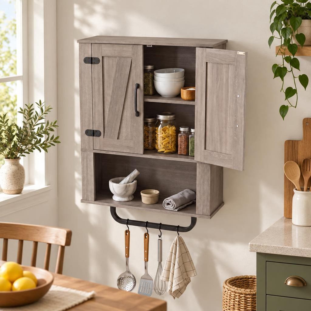 Airfind Bathroom Wall Cabinet with 2 Barn Doors and Towel Bar and 3-Tier Wooden Storage, 11 lbs Capacity, Engineered Wood MDF Metal Frame, Gray