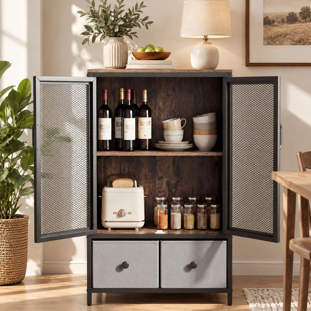 Airfind Industrial Coffee Bar Cabinet, Industrial Bar Cabinet with 2-Tier Storage Compartment, 88 lbs Capacity, Engineered Wood Metal PVC, Coffee