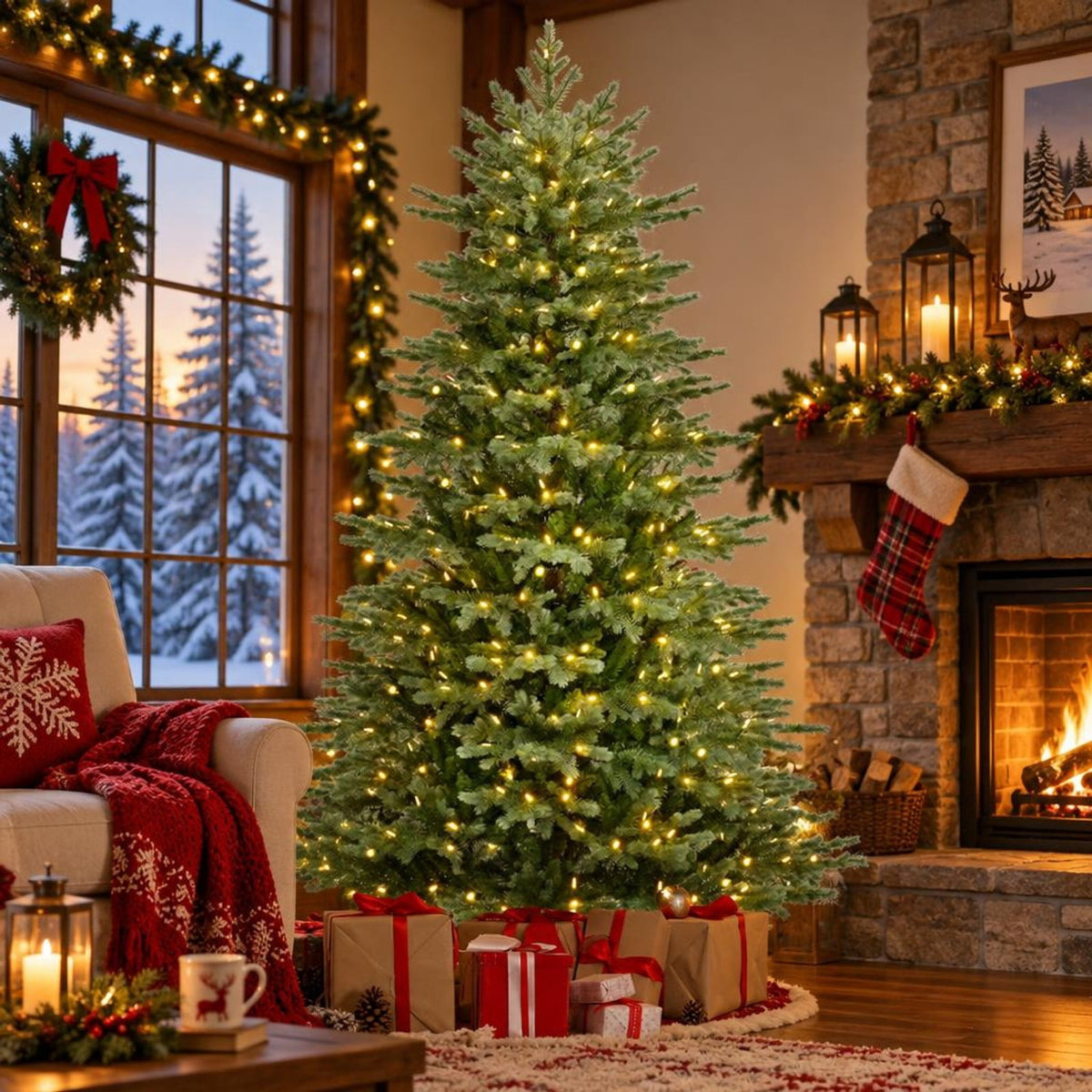 Airfind 7 Feet Artificial Christmas Tree with 3156 Lush PVC Branch Tips and 400 Warm White LED Lights, PVC PE Metal Frame, Green