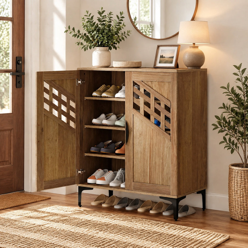 Airfind 4 Tier Farmhouse Shoe Storage Cabinet with Removable Shelves and Metal Legs, 180 lbs Capacity, Engineered Wood MDF Metal Frame, Walnut