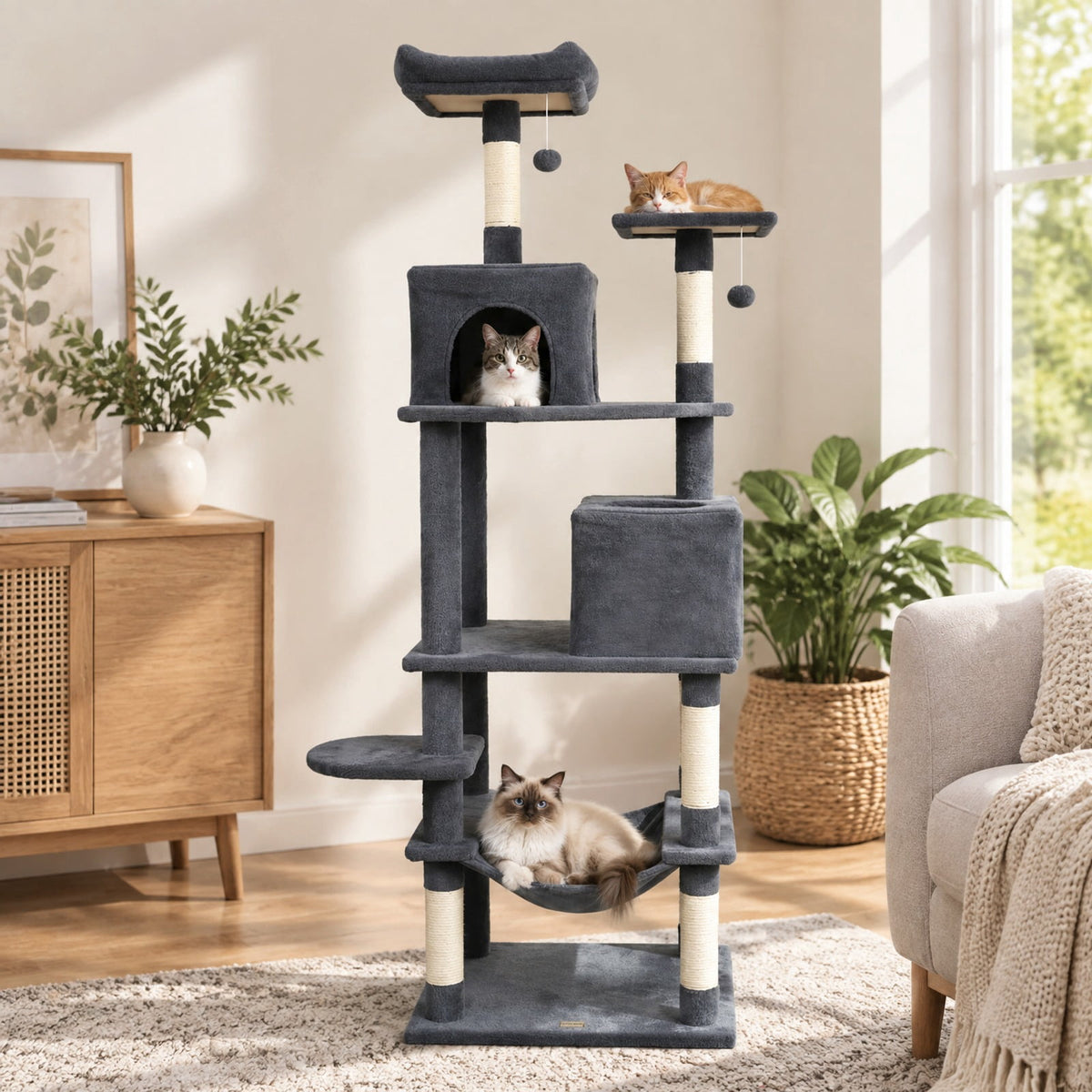 Airfind Multi-level Cat Tree Modern Cat Tower with Upholstered Perch and 2 Cat Condo, 24 x 18.5 Footprint, Dark Gray