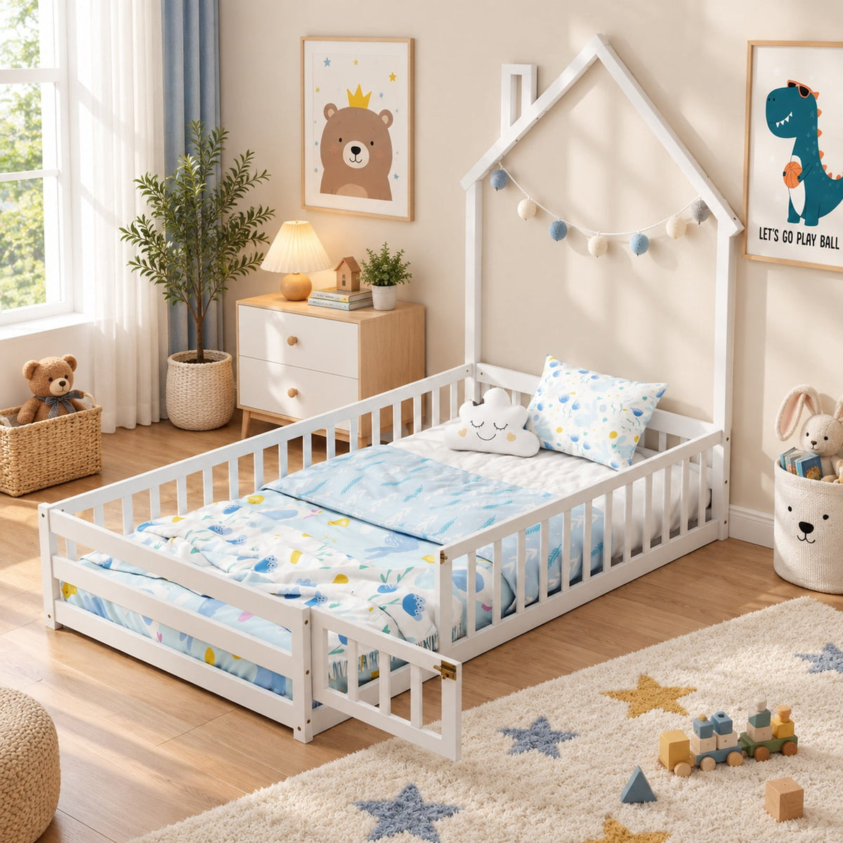 Airfind Twin Size Montessori Floor Bed with Lockable Door and Full-Length Guardrail, Solid Wood Plywood Frame, 78.5 x 45 x 66.5 Footprint, White