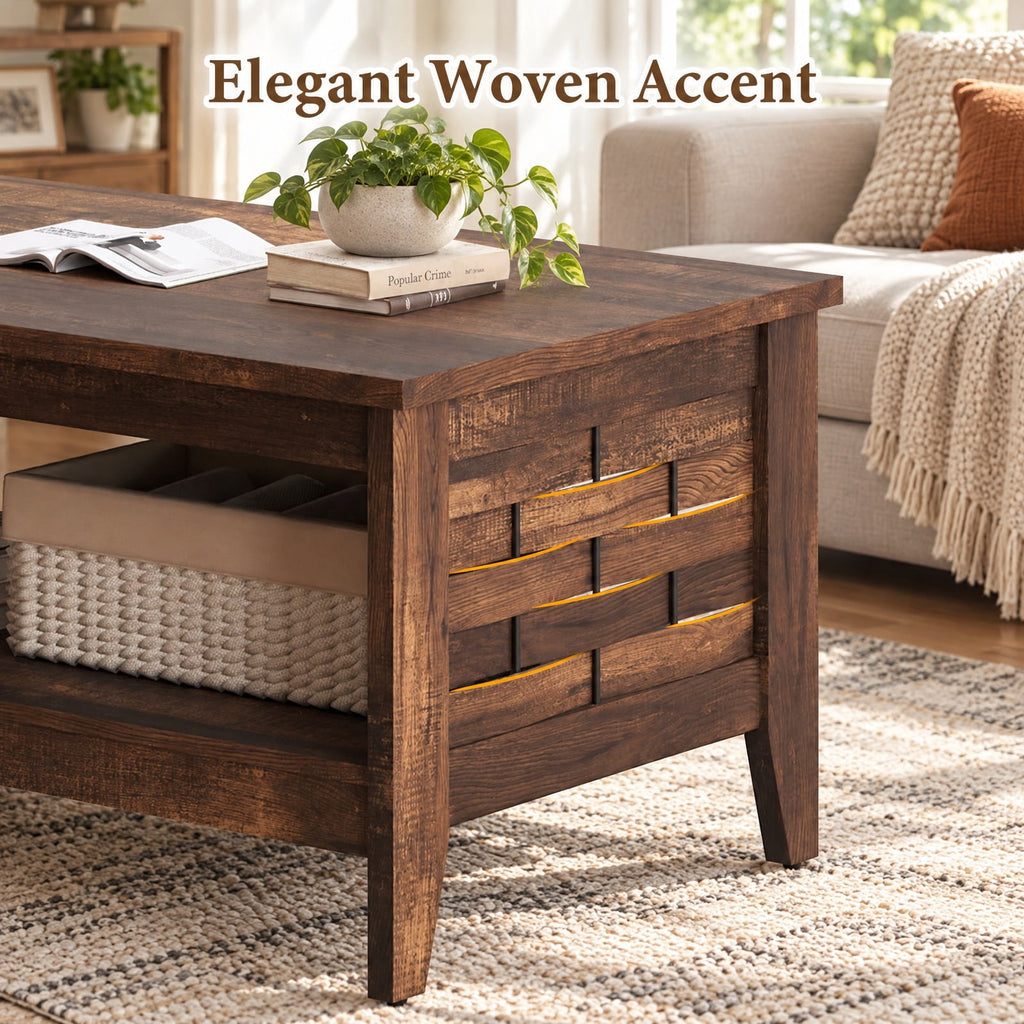Airfind 2-Tier Farmhouse Coffee Table with Open Shelf and Woven Decorations for Living Room, 135 lbs Capacity, Engineered Wood MDF Frame, Coffee