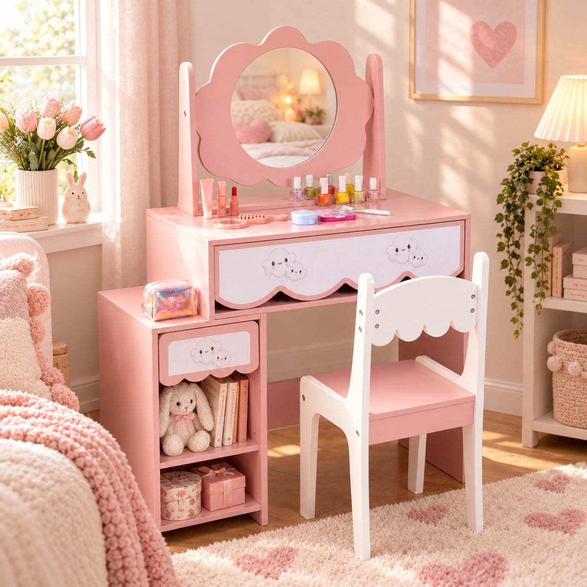 Airfind Kids Vanity Set with 360° Rotating Mirror Chair for Girls, 110 lbsChair Capacity, Engineered Wood GlassTable Frame, Pink
