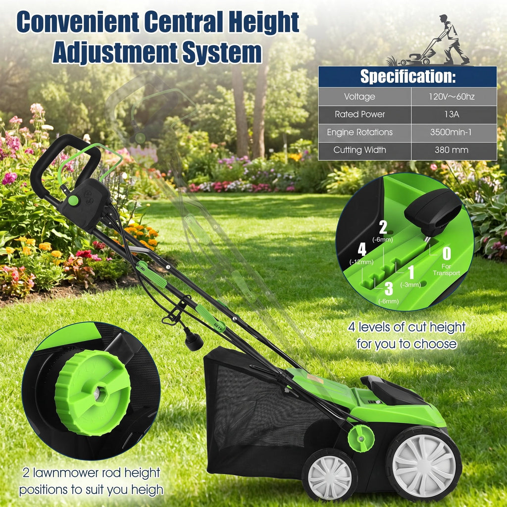 Airfind 15 Inch 13 Amp Electric Scarifier with Collection Bag and Removable Blades, PP steel Frame, Green