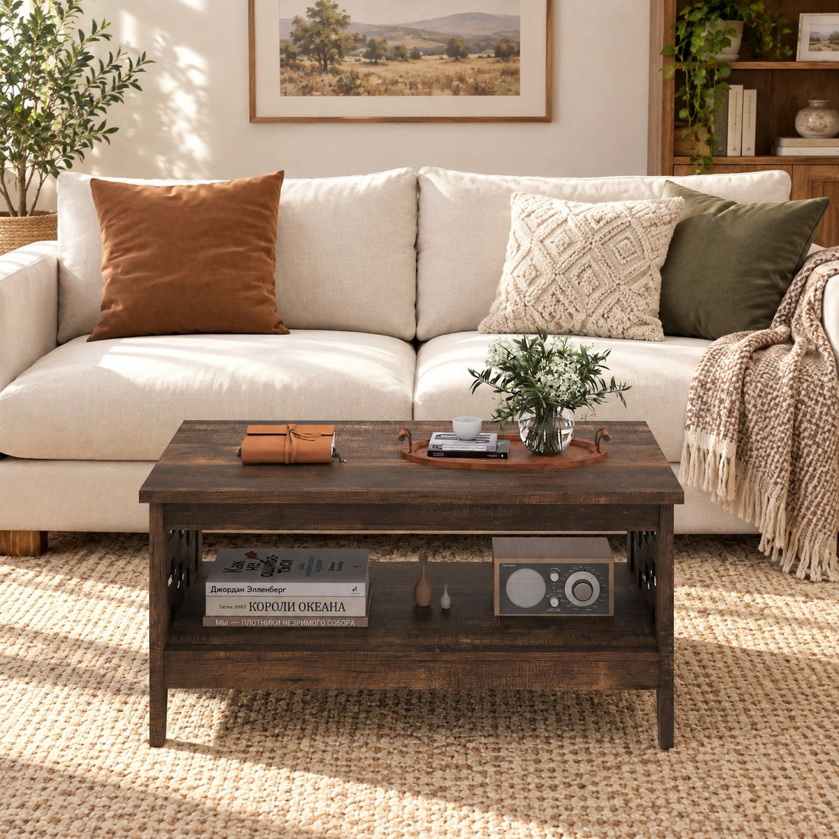Airfind 2-Tier Farmhouse Coffee Table with Open Shelf and Woven Decorations for Living Room, 135 lbs Capacity, Engineered Wood MDF Frame, Coffee