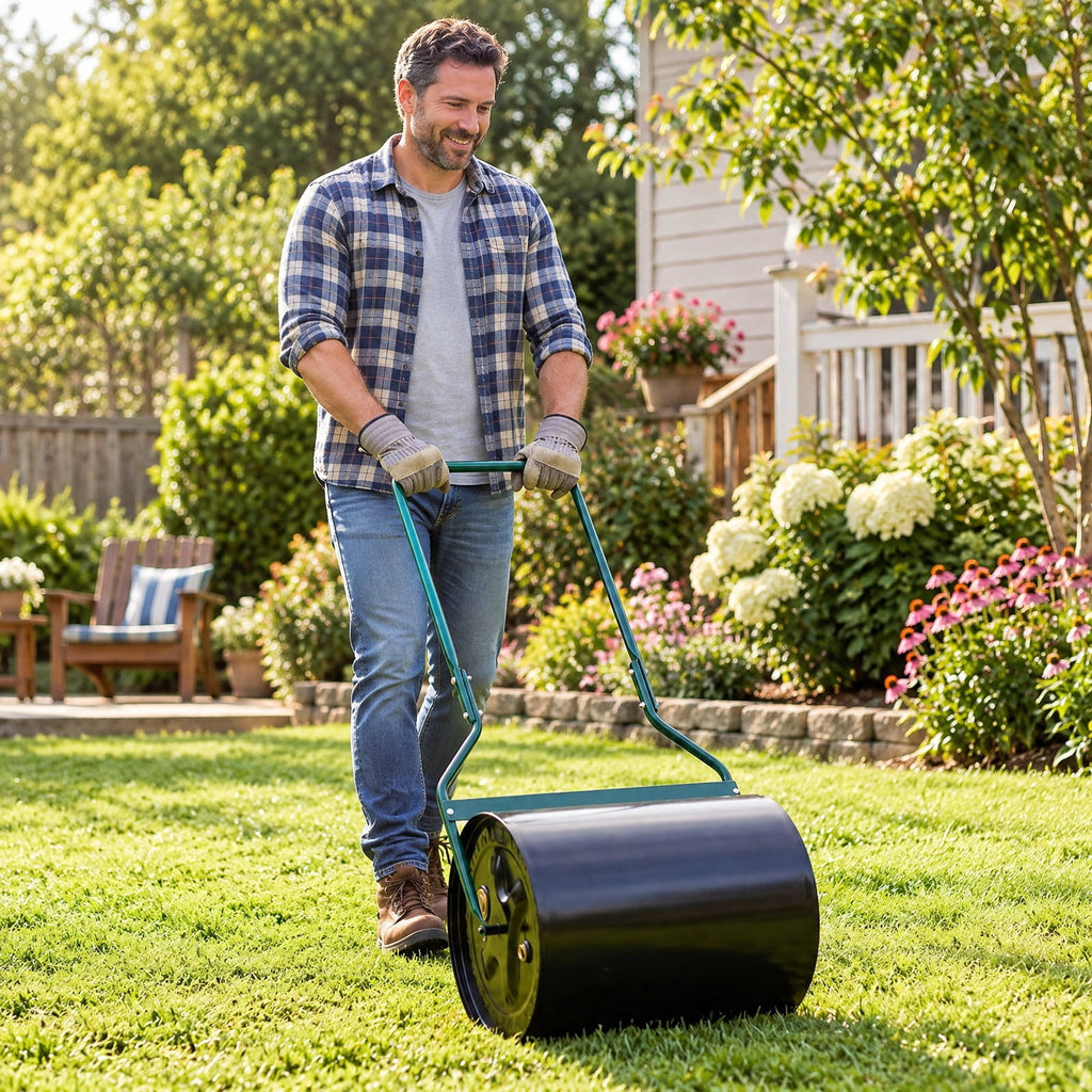 Airfind Lawn Roller 16 Gallon Water/Sand Filled Garden Drum Roller with Leak, Metal Frame, 21 x 16 x 44(L X W X H) Roller Footprint, Black