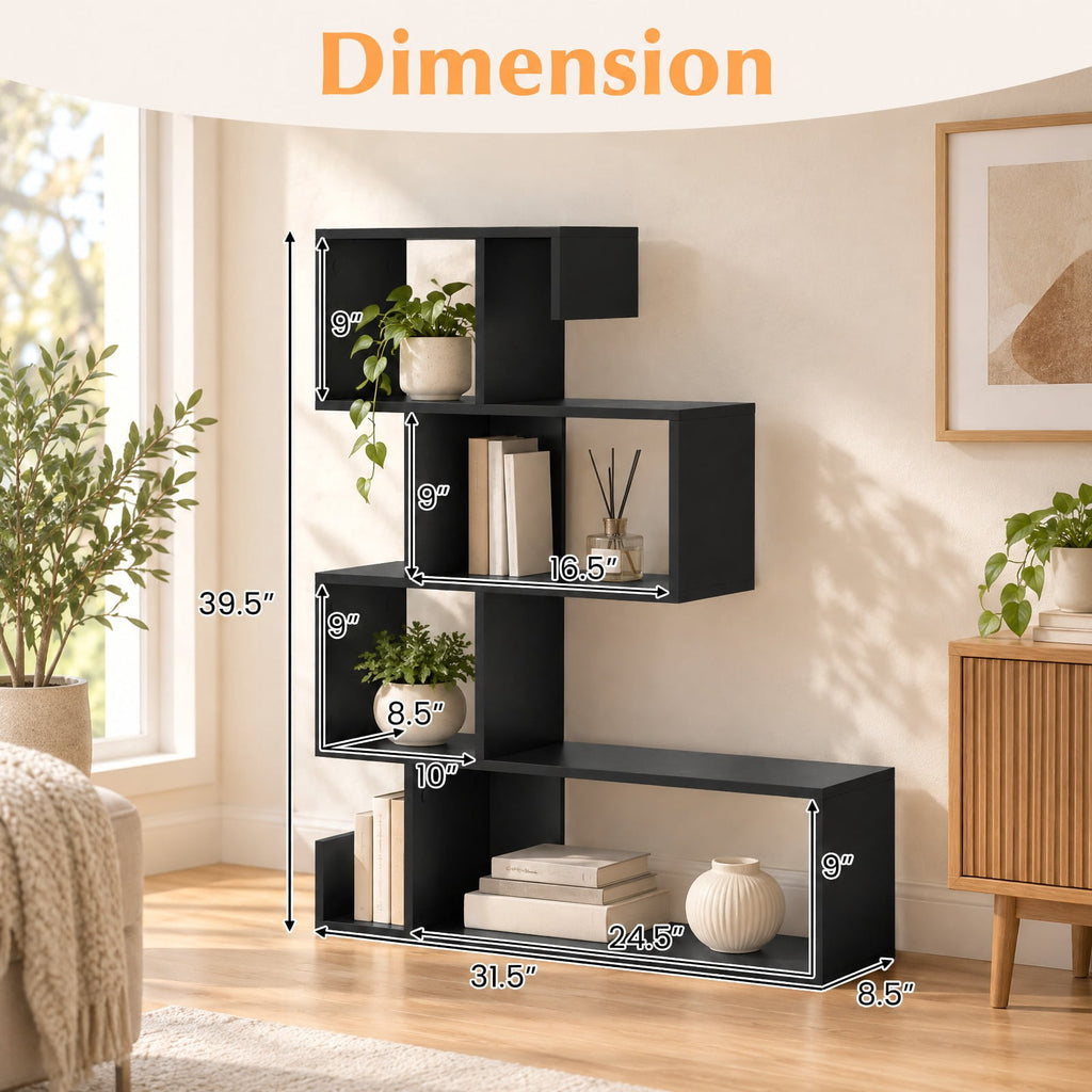 Airfind 5-Tier S-Shaped Bookshelf Geometric Z-Shelf Bookcase with Open Cubes, 44 lbs Capacity, Engineered Wood Frame, 31.5 x 8.5 x 39.5 Footprint