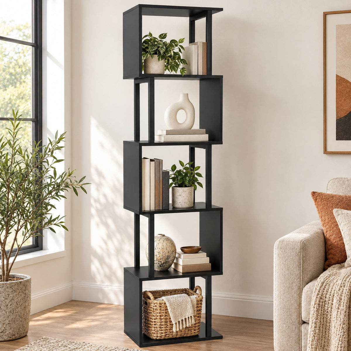 Airfind 5-Tier S-Shaped Bookshelf w/ Open Cubes Anti-toppling Kits for Living Room, 22 lbs Capacity, Engineered Wood Frame, Brown