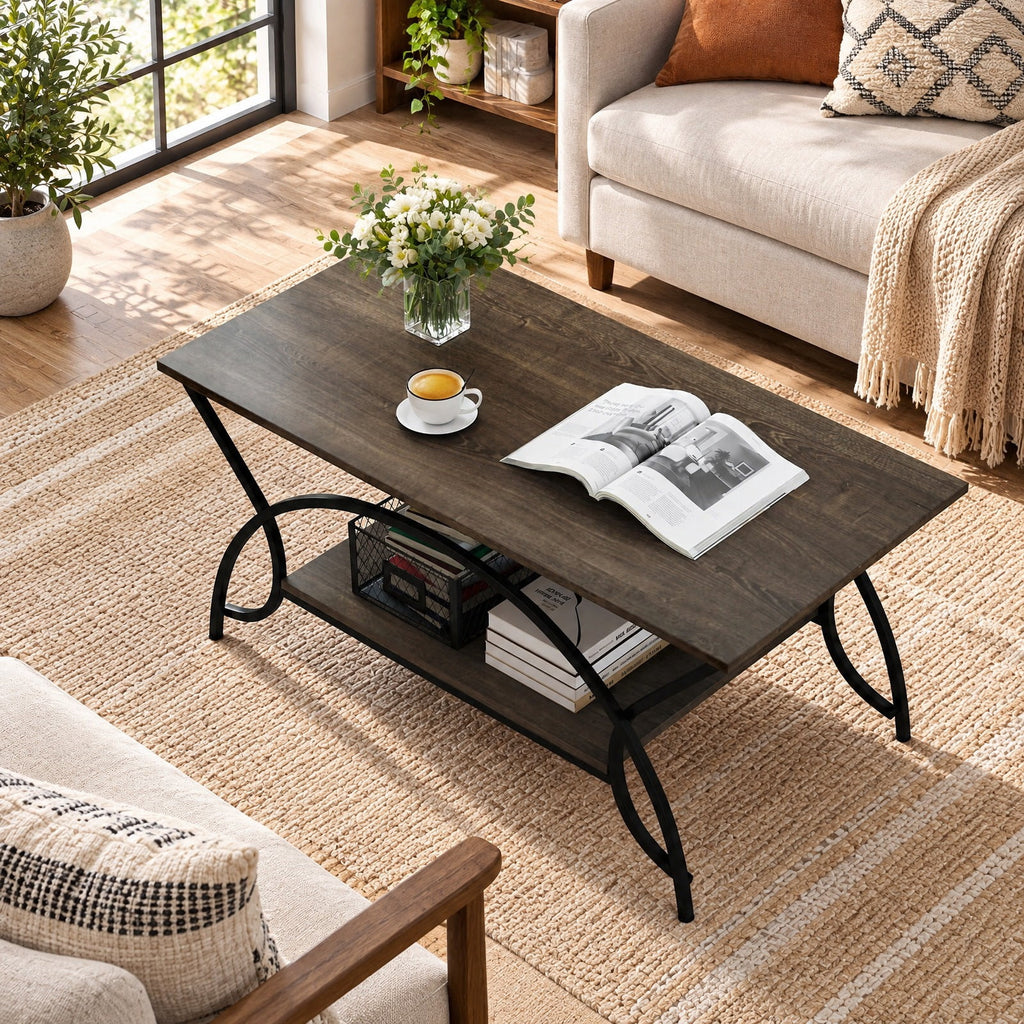 Airfind 2-Tier wood grain Coffee Table with wood grain top and Metal Frame, 110 lbs Capacity, Engineered wood steel Frame, Oak