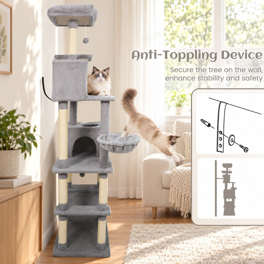 Airfind 80 Inches Tall Cat Tree with 2 Large Condos and Dangling Toys, 33 lbs Capacity, Engineered Board Sisal Plush Fabric Sponge Frame, Light Gray