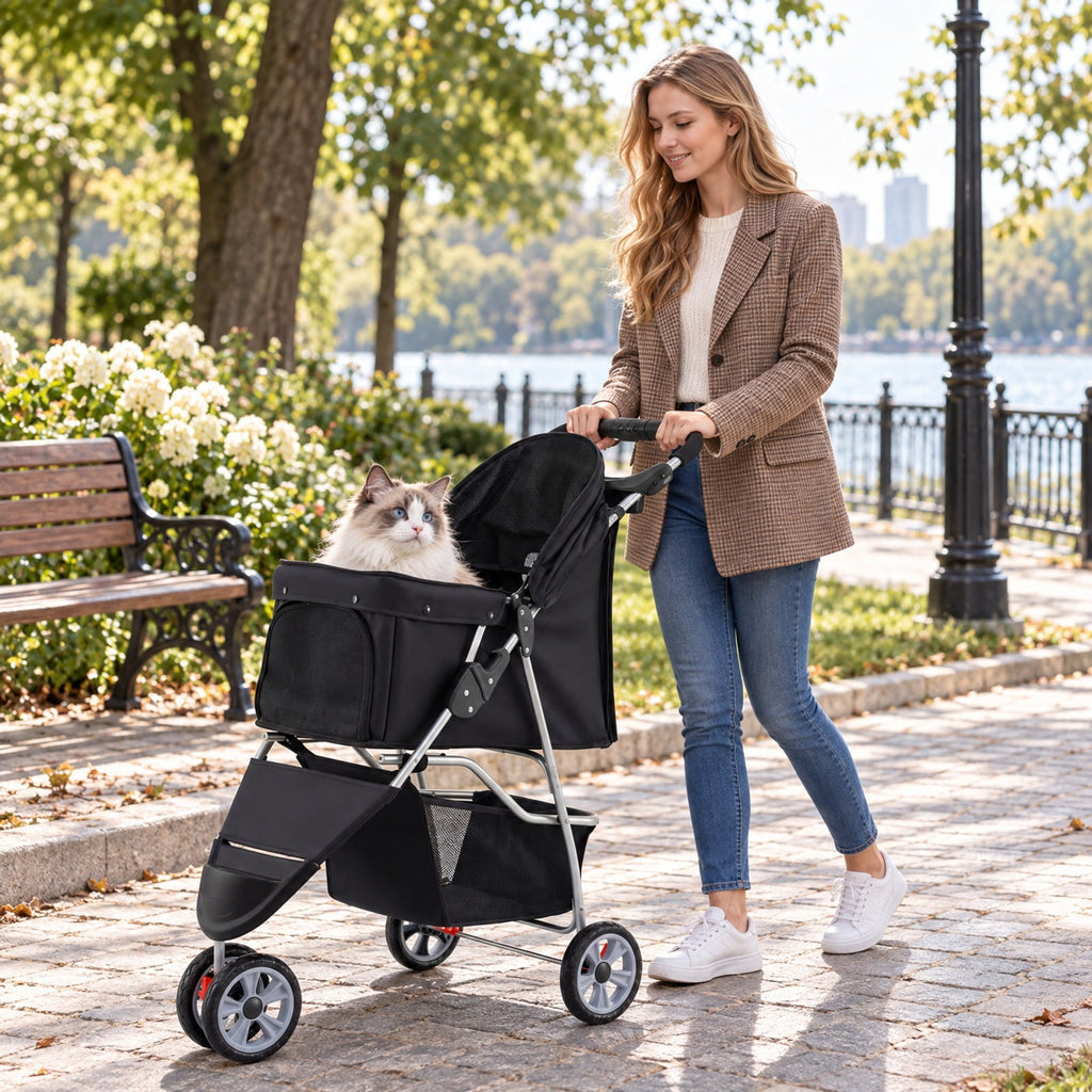 Airfind 3 Wheel Pet Stroller for Small Dogs Cats up to 33 LBS, 33 lbs Capacity, 300D Oxford Cloth Metal Mesh Sponge PU PP Frame, Black
