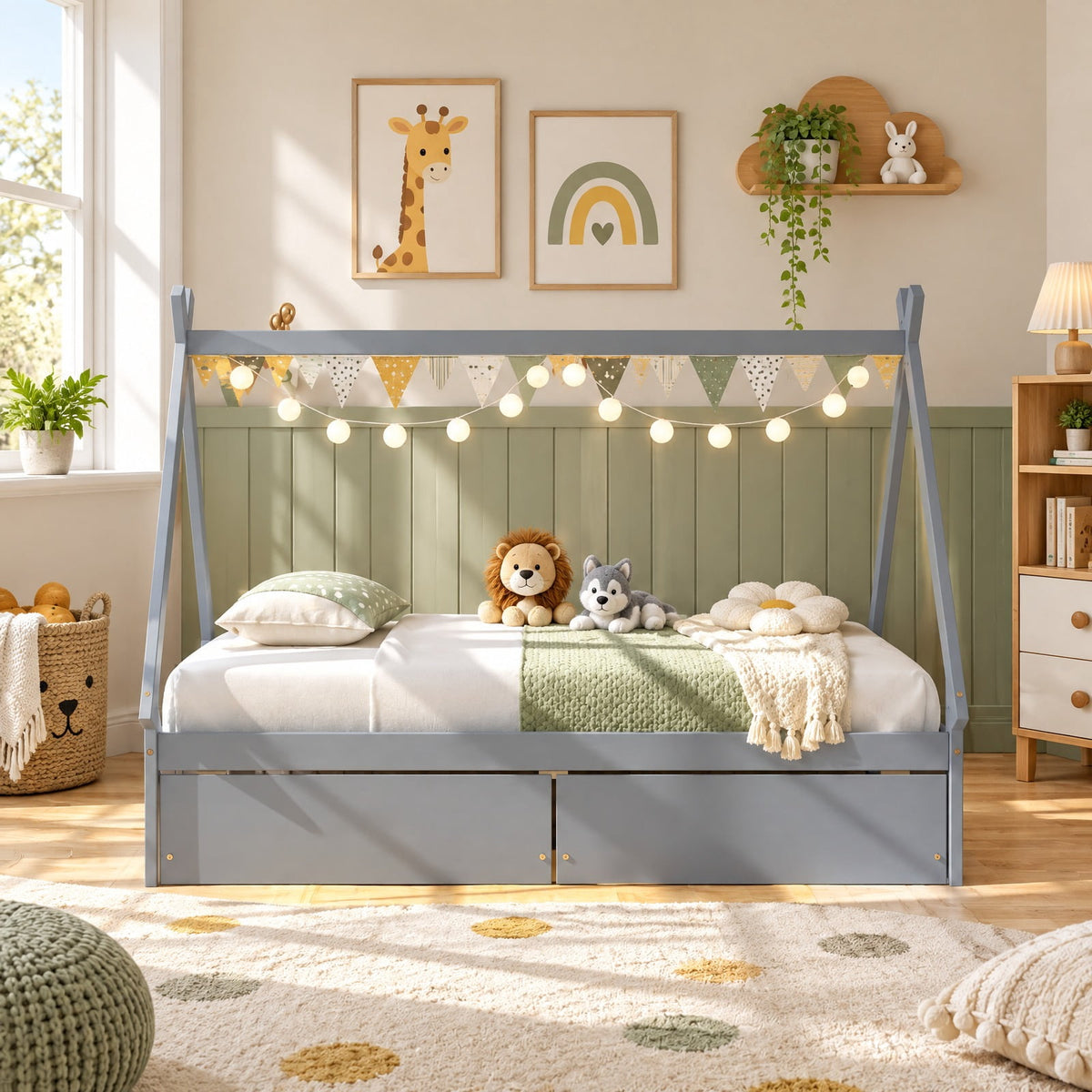 Airfind Twin Size Wooden Tent Platform House Bed with 2 Drawers, 200 lbs Capacity, Solid Wood Plywood Frame, 78 Inch x 46.5 Inch x 59 Inch Footprint, Gray