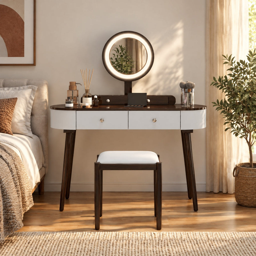 Airfind Dressing Vanity Table Set with LED Mirror and 4 Drawers, 170 lbs Capacity, MDF Frame, 47 Inch x 16.5 Inch x 56 Inch Footprint, White