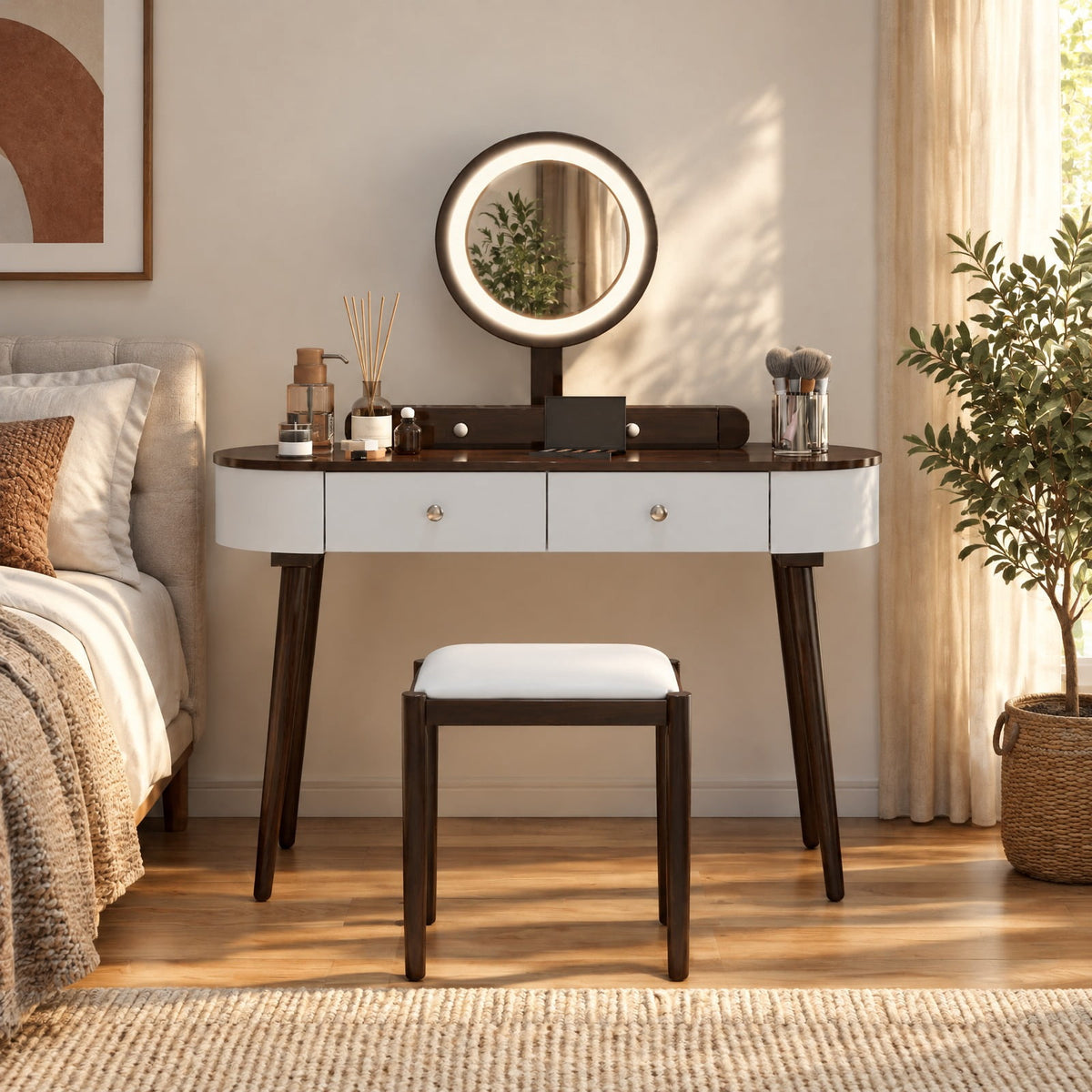 Airfind Dressing Vanity Table Set with LED Mirror and 4 Drawers, 170 lbs Capacity, MDF Frame, 47 Inch x 16.5 Inch x 56 Inch Footprint, White