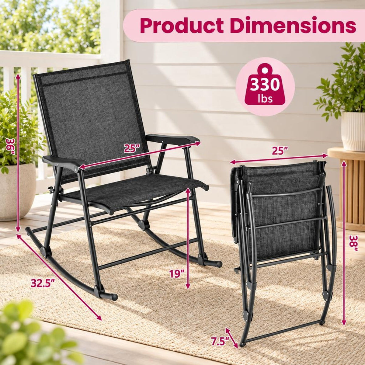 Airfind Folding Rocking Chair with Breathable Seat Fabric Set of 2, 330 lbs Capacity, Fabric Metal Frame, 32.5 x 25 x 36 Footprint, Black
