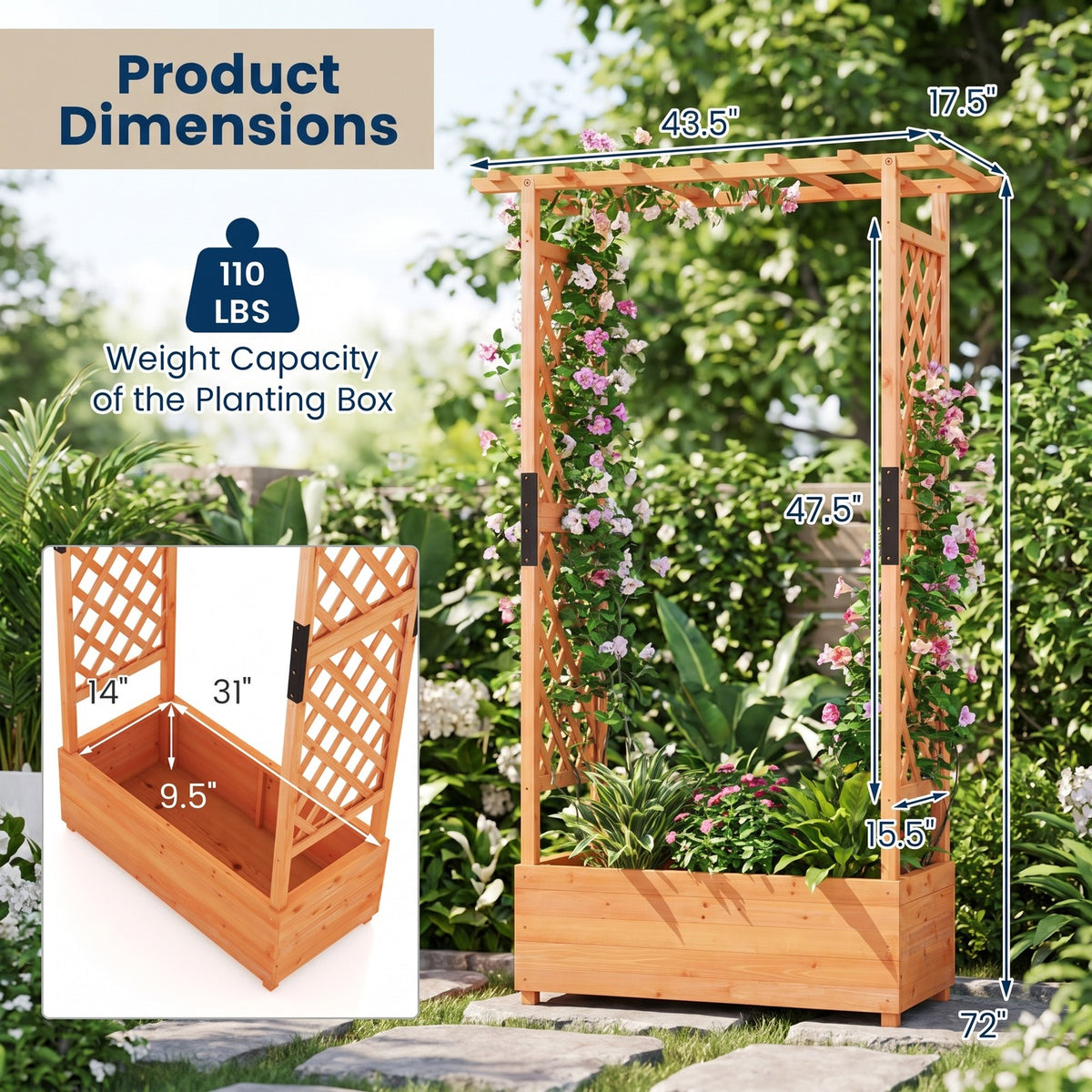 Airfind Raised Garden Bed with Arch Trellis, Fir Wood Frame, 43.5 x 17.5 x 72 (L x W x H) Interior Footprint, Orange