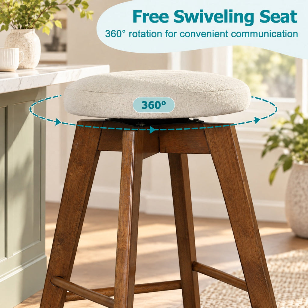 Airfind 2 Pieces 26 Inch Backless Swivel Barstools with Linen Fabric Seat, 330 lbs Capacity, Linen Fabric Sponge Rubber Wood Metal Frame, Beige