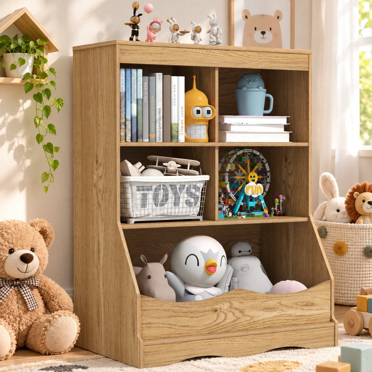 Airfind 3-Tier Youth Multi-Functional Bookcase Toy Storage Bin Floor Cabinet, 66 Lbs Capacity, MDF Engineered Wood, Natural