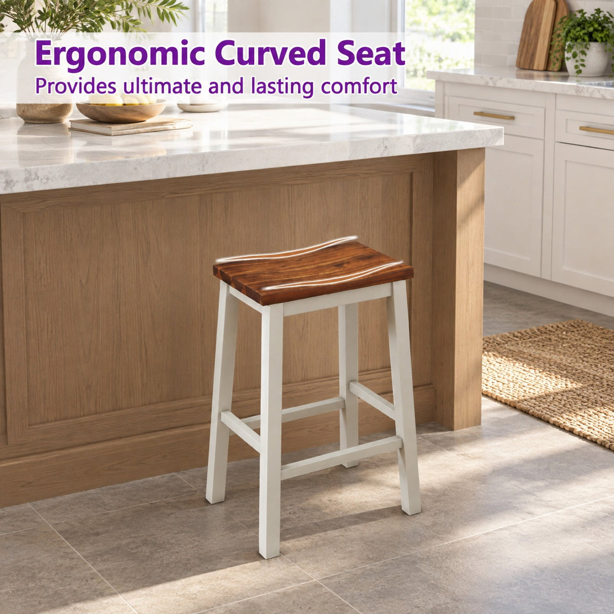 Airfind 24.5-Inch Set of 4 Saddle Stools Bar Stools with Footrests for Kitchen Island-Walnut and Gray, 350 lbs Capacity, Rubber Wood Acacia Wood Frame