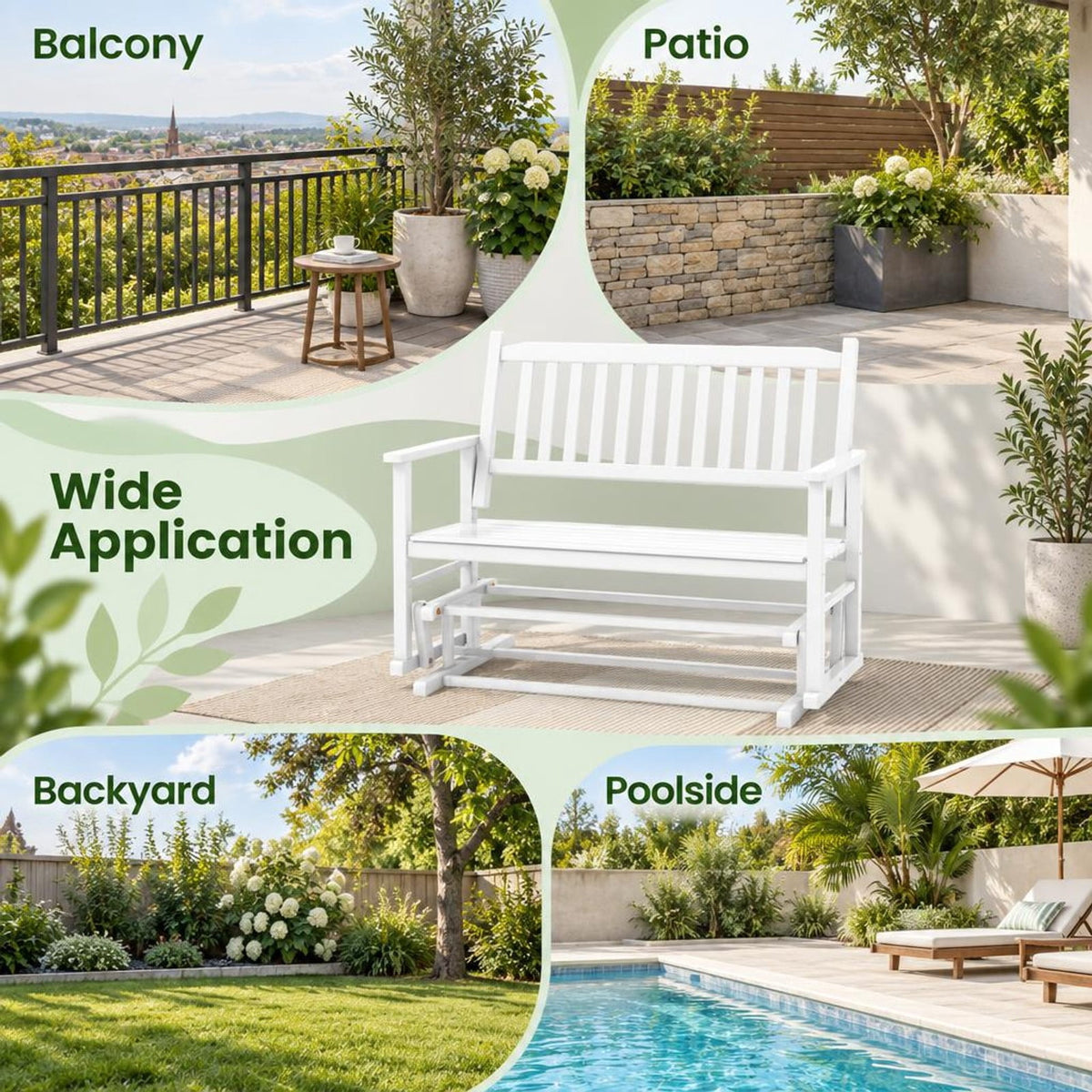 Airfind 2 Seats Outdoor Glider Bench with Armrests and Slatted Seat, 500 lbs Capacity, Poplar Wood Frame, 50 x 27 x 39 Footprint, White