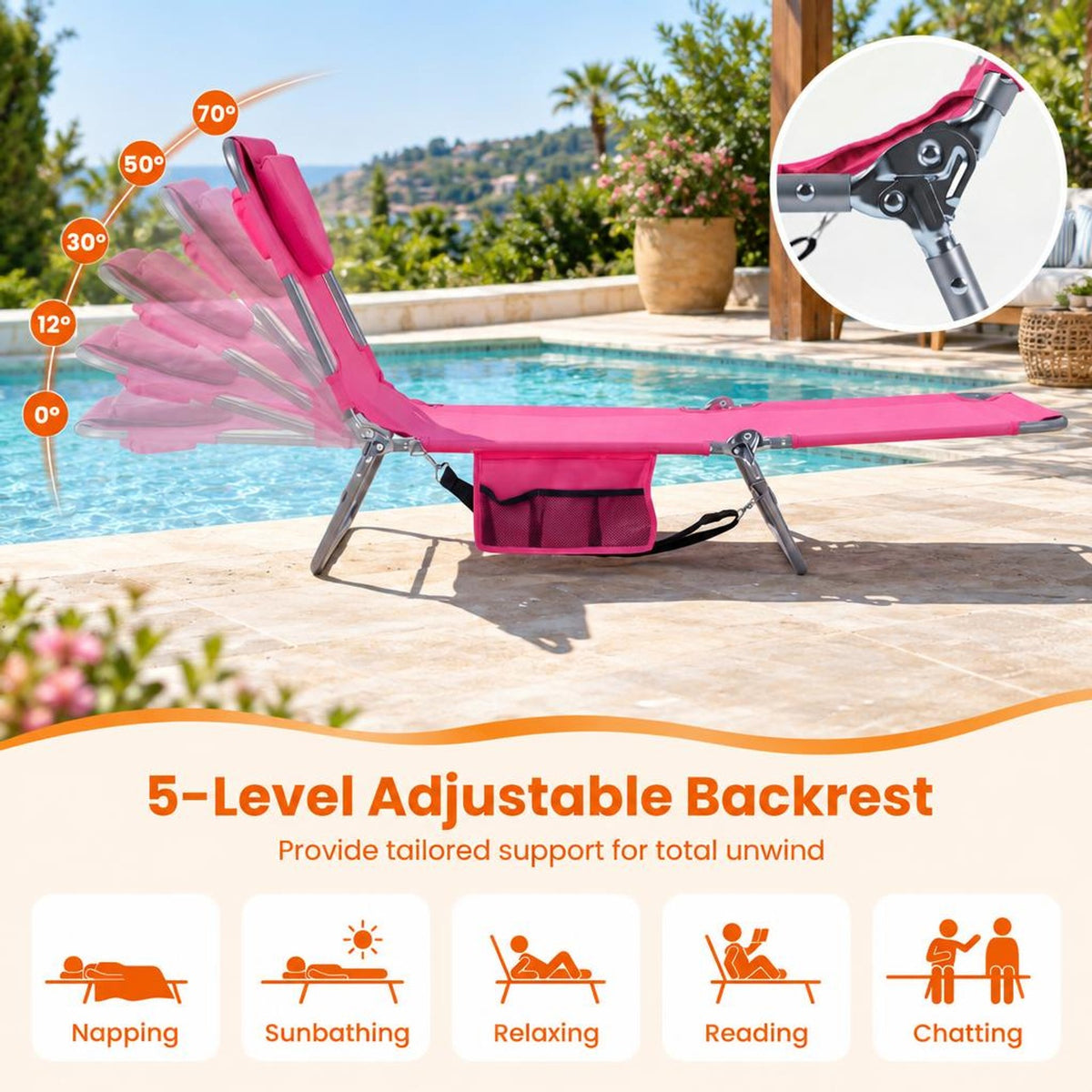 Airfind Folding Beach Lounge Chair with Adjustable Backrest for Lawn, 330 lbs Capacity, Metal Oxford Fabric Polyester Sponge Frame, Pink