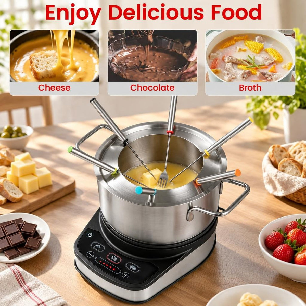 Airfind 1200W Electric Fondue Pot Set with 3.2 QT Removable Pot 6 Color, Stainless Steel PBT Frame, 9.5 × 7 × 3 Footprint, Silver + Black