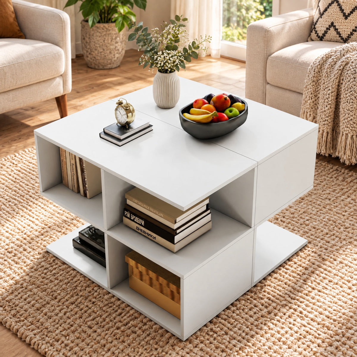 Airfind 3-Tier Modern S-shaped End Table with 4 Storage Cubes, 88 lbs Capacity, Engineered Wood Frame, 24 x 11.5 x 17 Footprint, White