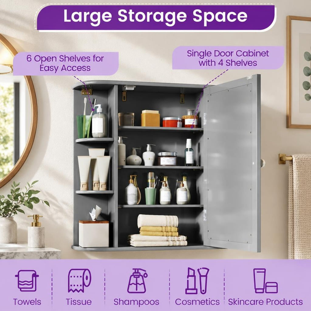 Airfind Multipurpose Mount Wall Surface Bathroom Storage Cabinet with Mirror, 44 lbs Capacity, MDF Frame, Gray