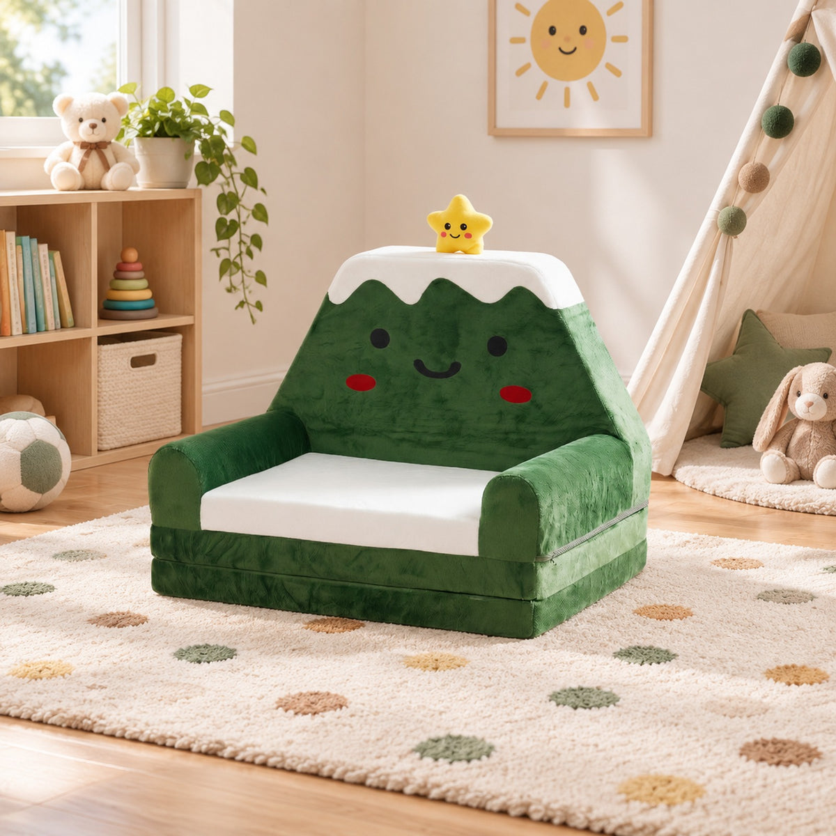 Airfind 2-in-1 Convertible Kids Sofa to Lounger with Christmas Patterns, Ultra-soft Fabric Sponge Frame, for 18-36 Months Old, Green