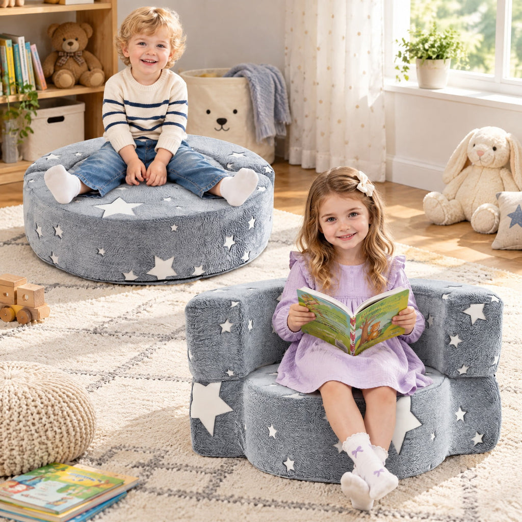 Airfind 2-in-1 Convertible Glow in the Dark Kids Sofa with Removable Washable Cover, Flannel Fabric Sponge Frame, for 3+ Years Old, Gray