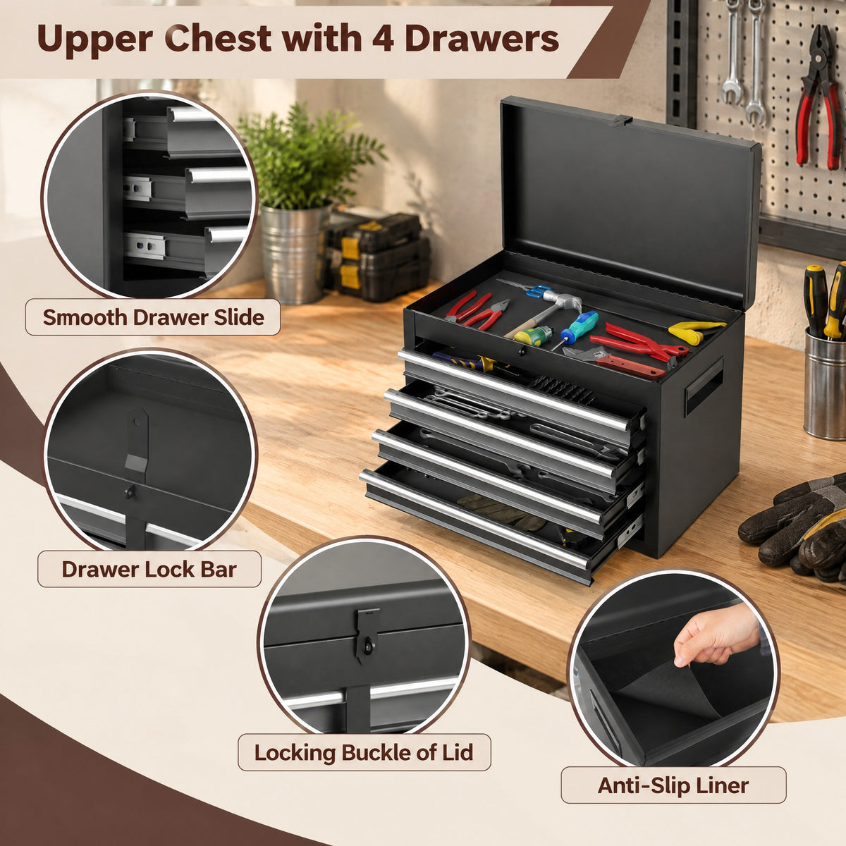 Airfind 2-in-1 Rolling Tool Chest with 5 Sliding Lockable Drawers-Black and Gray, 220.5 lbs Capacity, Steel rubber-plastic synthetic Frame, Black