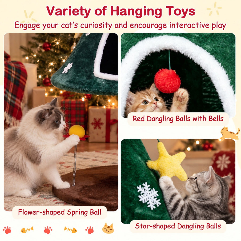 Airfind 54 Inch Christmas Cat Tree featuring 2 Private Condos for Indoor Cats, 22 lbs Capacity, Plush Fabric Frame, 23 Inch x 23 Inch x 54 Inch Footprint, Green
