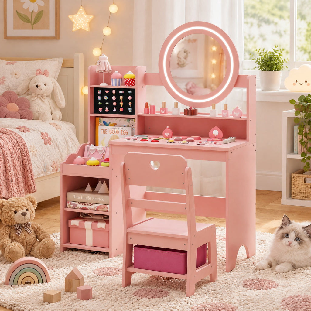 Airfind Kids Vanity Desk with Mirror and Lights Princess Pretend Play Dressing Table and Chair Set, 66 lbs Capacity, MDF Frame, for 3+ years old