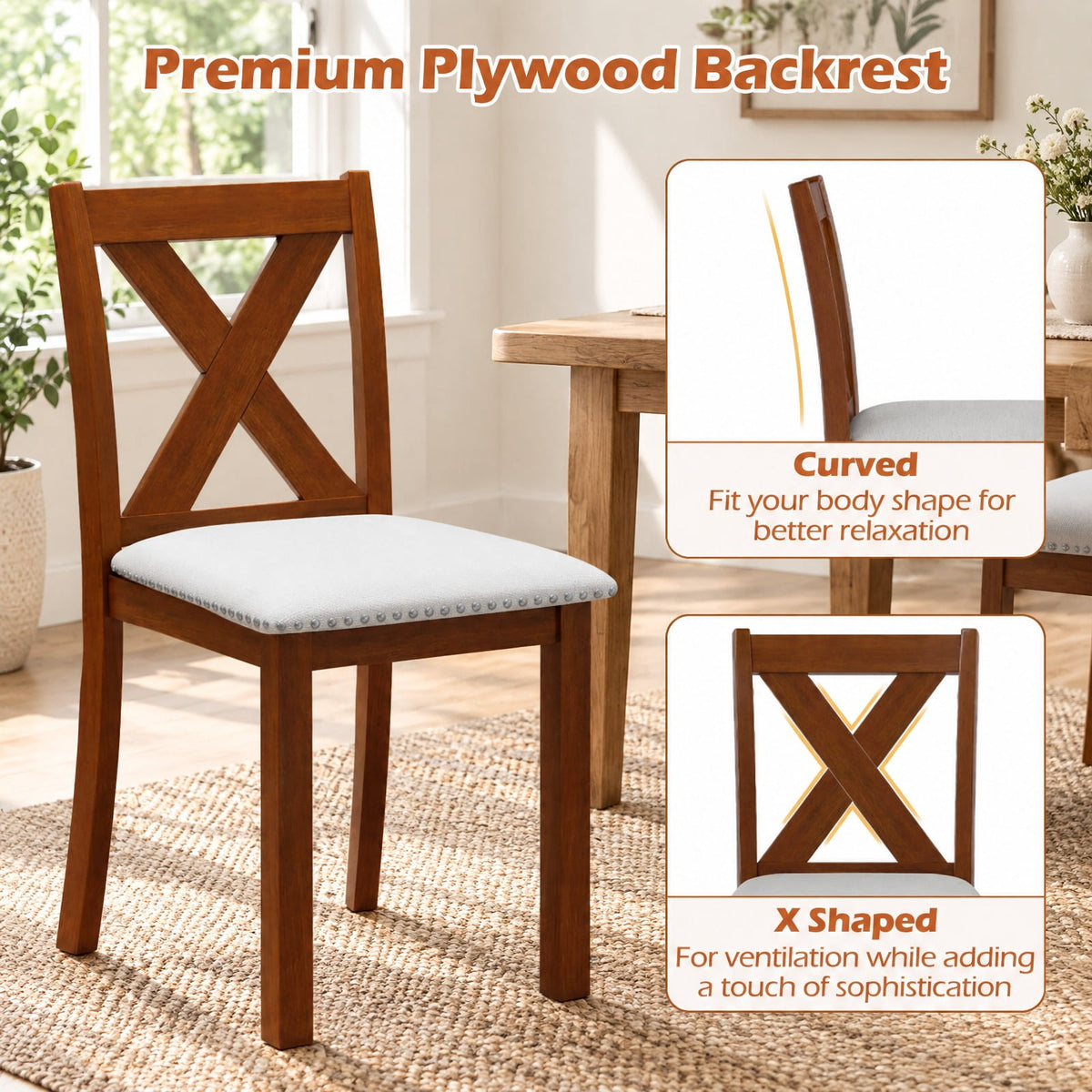 Airfind Wooden Dining Chair Set of 2 with Padded Seat and Curved Back, 420 lbs Capacity, Acacia Wood Plywood Linen Fabric Sponge Frame, Beige