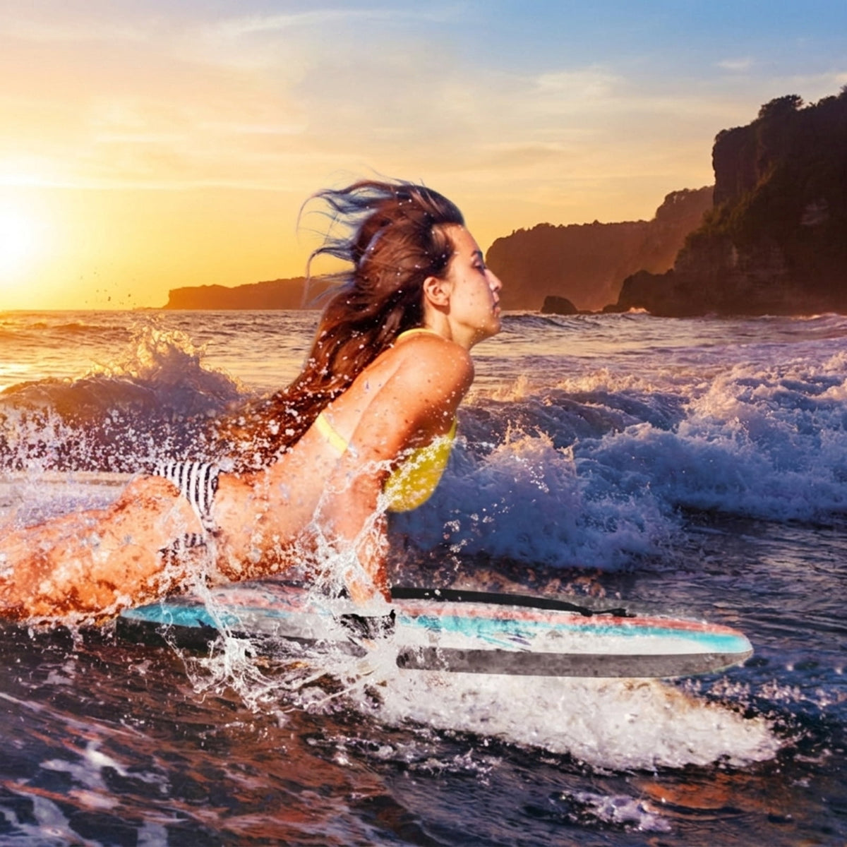 Airfind 37 Boogie Board with Sunset Splash Graphic Deck ¡ª EPS Core, XPE Top, HDPE Slick Bottom, Crescent Tail, Coiled Wrist Leash