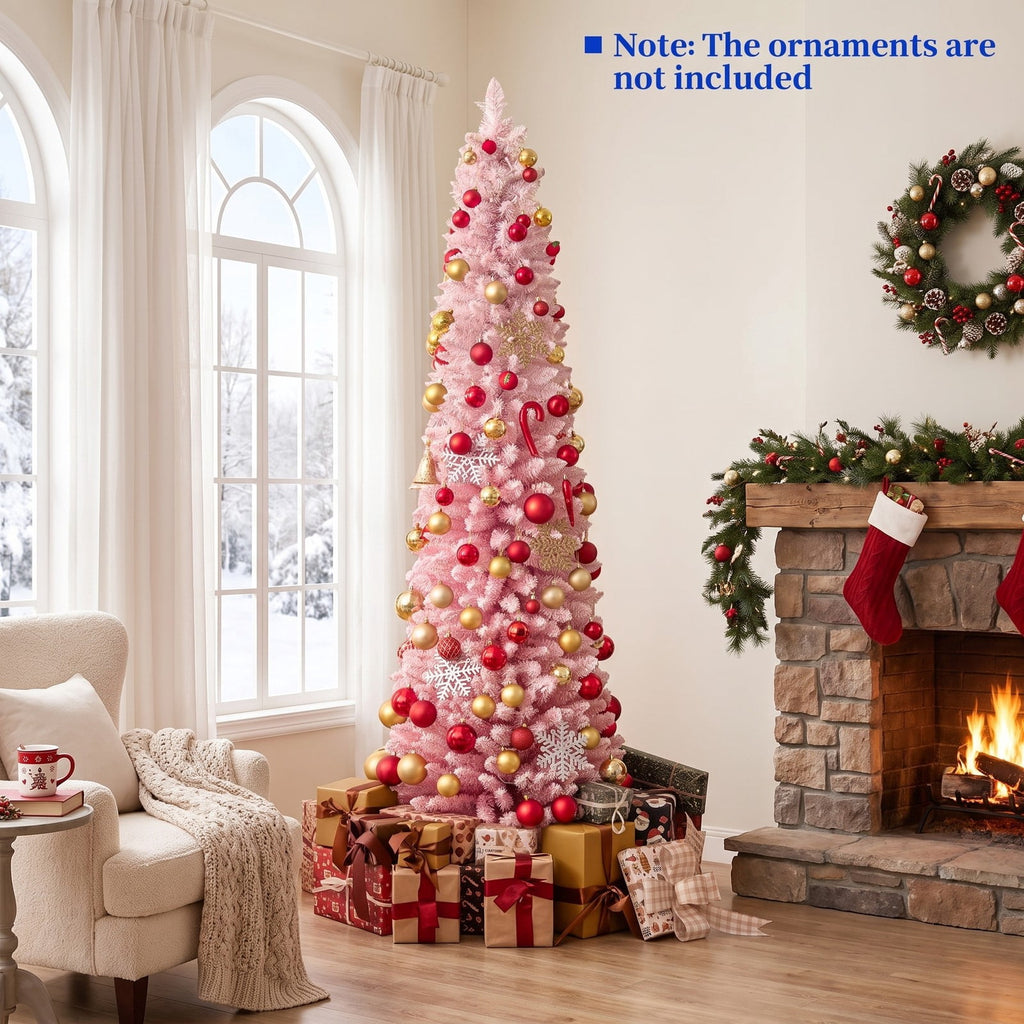 Airfind 7 FTSnow-flocked Artificial Pink Christmas Tree Pre, PVC Metal Tree Height 6 ft / 7 ft Tree Width 1.6 ft / 2 ft Frame, Pink