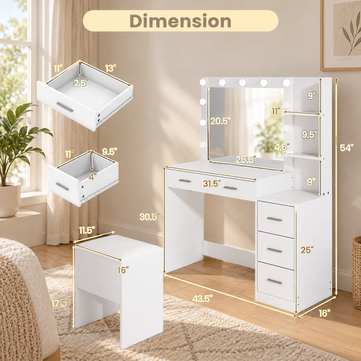 Airfind Makeup Table and Stool Set with Hair Dryer Stand, 230 lbs Capacity, MDF Frame, 43.5in x 16in x 54in Footprint, White