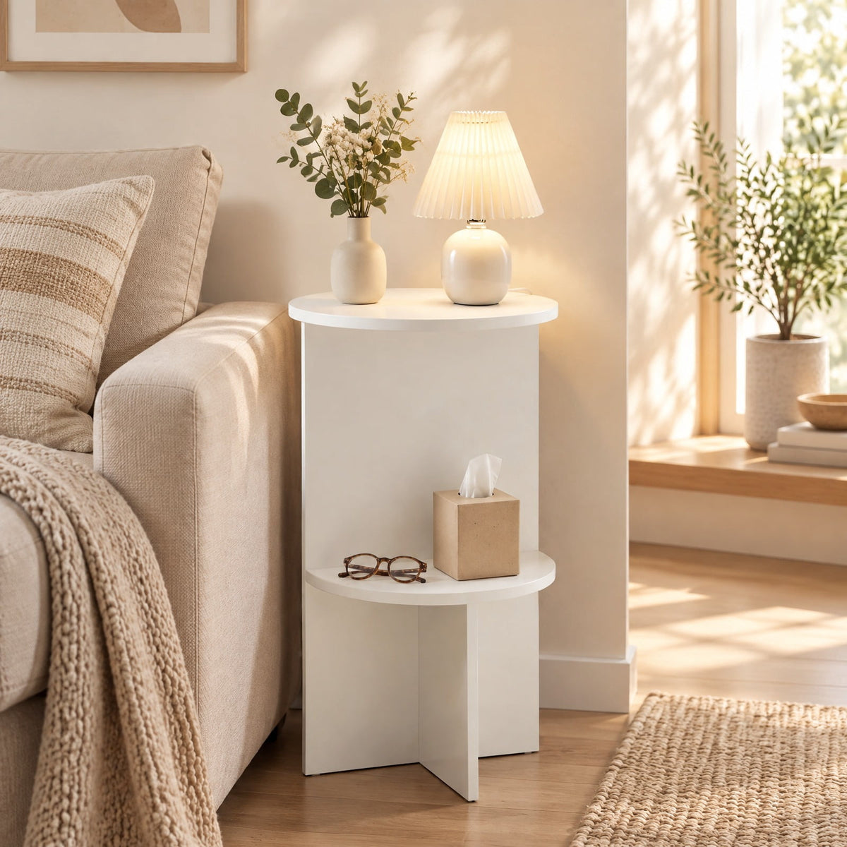 Airfind 2-Tier Round Side Table with Storage Shelf for Small Space, 66 Lbs Capacity, Engineered Wood, 14 Inch X 23 Inch for Convenient Everyday Use, White