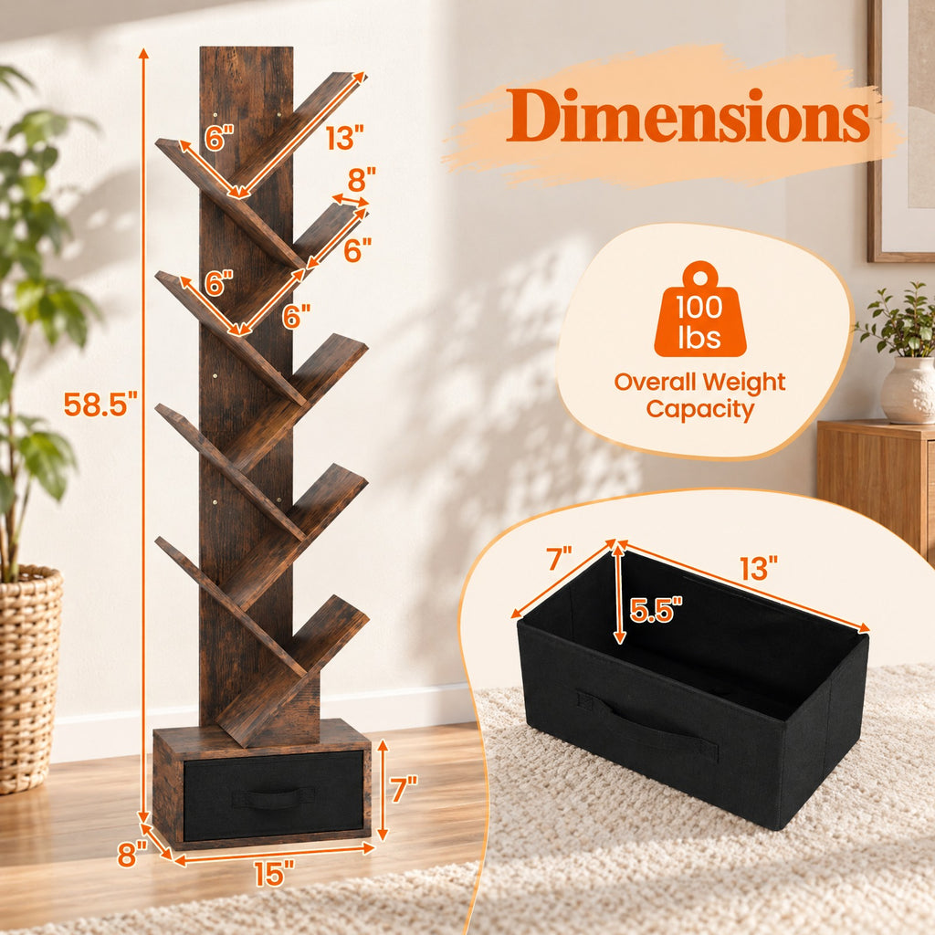 Airfind 10-tier Tree Bookshelf with Drawer Free, 26.5 lbs Capacity, 13 x 7 x 5.5 (L x W x H)Overall Footprint, Rustic Brown Black