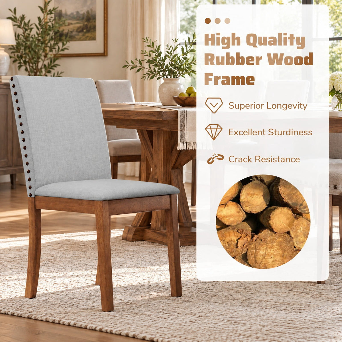 Airfind Set of 2 Upholstered Dining Chairs with Padded Seat for Living Room, 400 lbs Capacity, Rubber Wood Sponge Linen Fabric Frame, Walnut