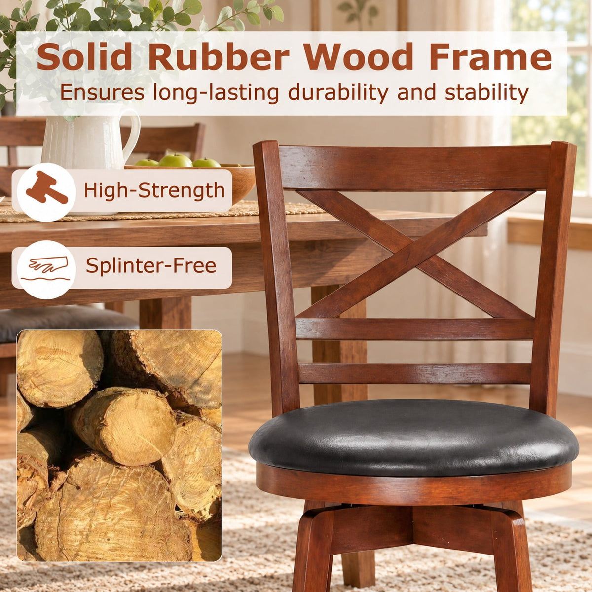 Airfind Swivel Barstools Set of 2 with Backrest and Footrest-29 Inches, 350 lbs Capacity, Rubberwood PU MDF Sponge Frame, Antique Walnut + Black