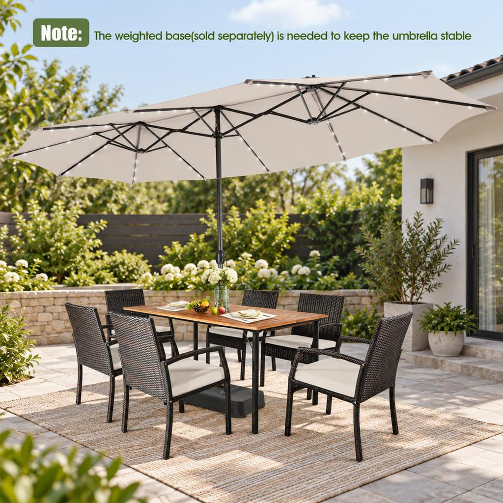 Airfind 15 Feet Twin Patio Umbrella with 48 Solar LED Lights, Steel polyester fabric Frame, 15.4 x 9.2 x 8 (L x W x H) Pole Footprint, Beige