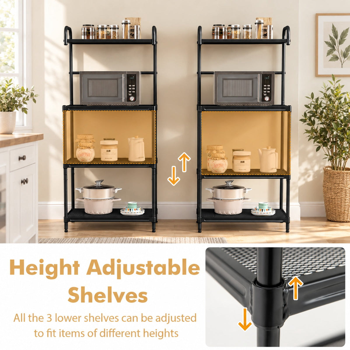 Airfind 4-Tier Kitchen Microwave Storage Rack with Metal Shelves, 55 lbs Capacity, Iron Frame, 23.5 x 13.5 x 53.5 Footprint, Black