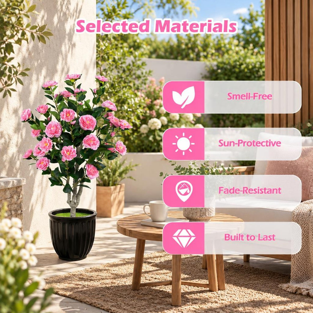 Airfind Set of 2 39.5 Artificial Camellia Tree with Orange Blossoms in Cement Pot for Decoration, Pink