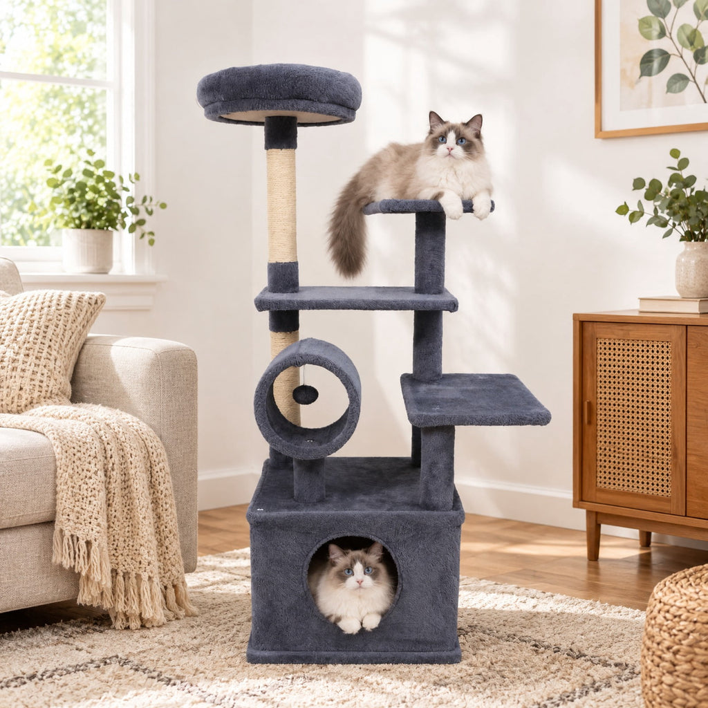 Airfind 48 Inches Tall Cat Tree Multi-Level Kitten Tower with Large Condo Padded Top Perch, Engineered Board Plush Sponge Jute Frame, Grey