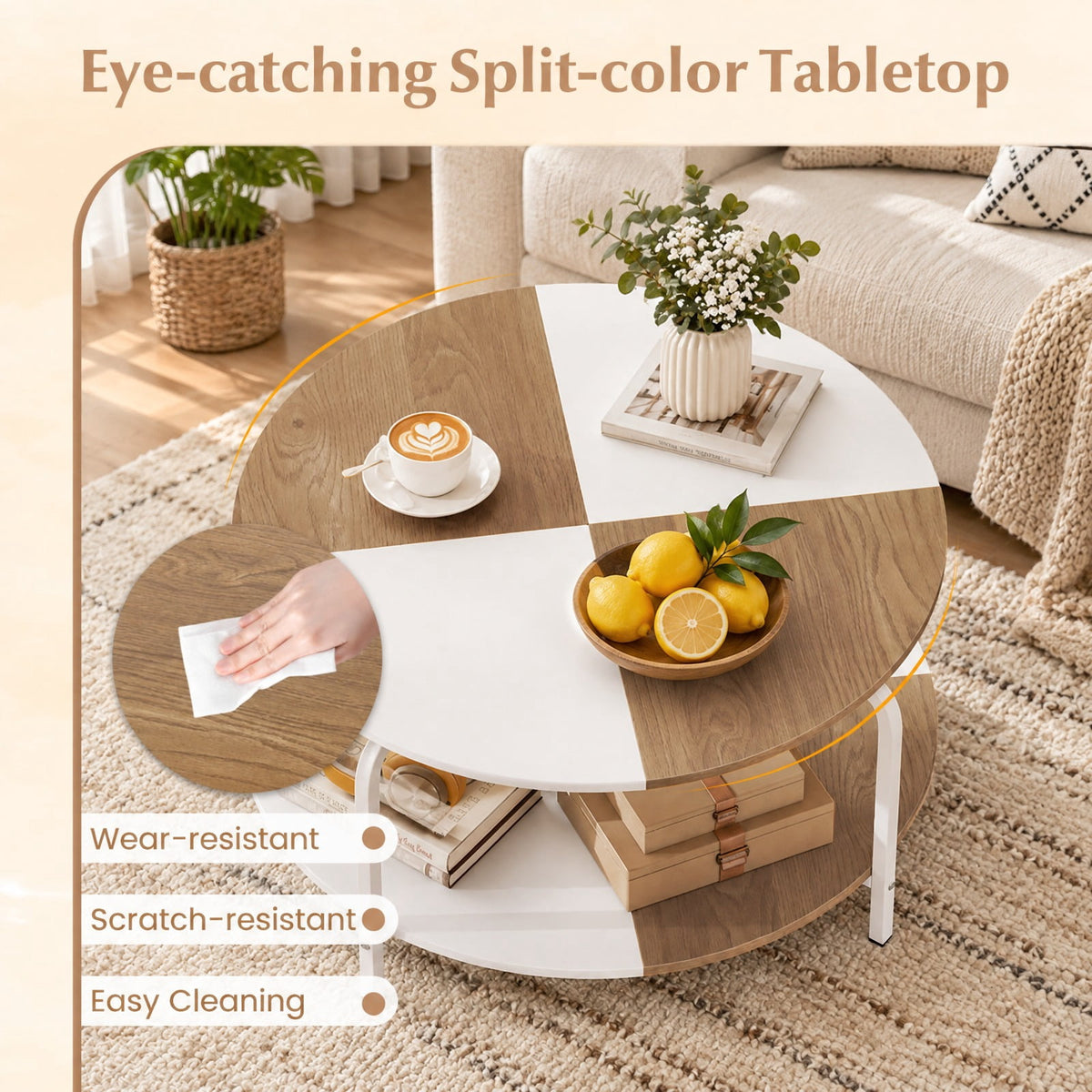 Airfind 2-Tier Round Coffee Table Metal Frame with Storage Shelf-Natural and White, 220 lbs Capacity, Engineered Wood Metal Frame, Coffee