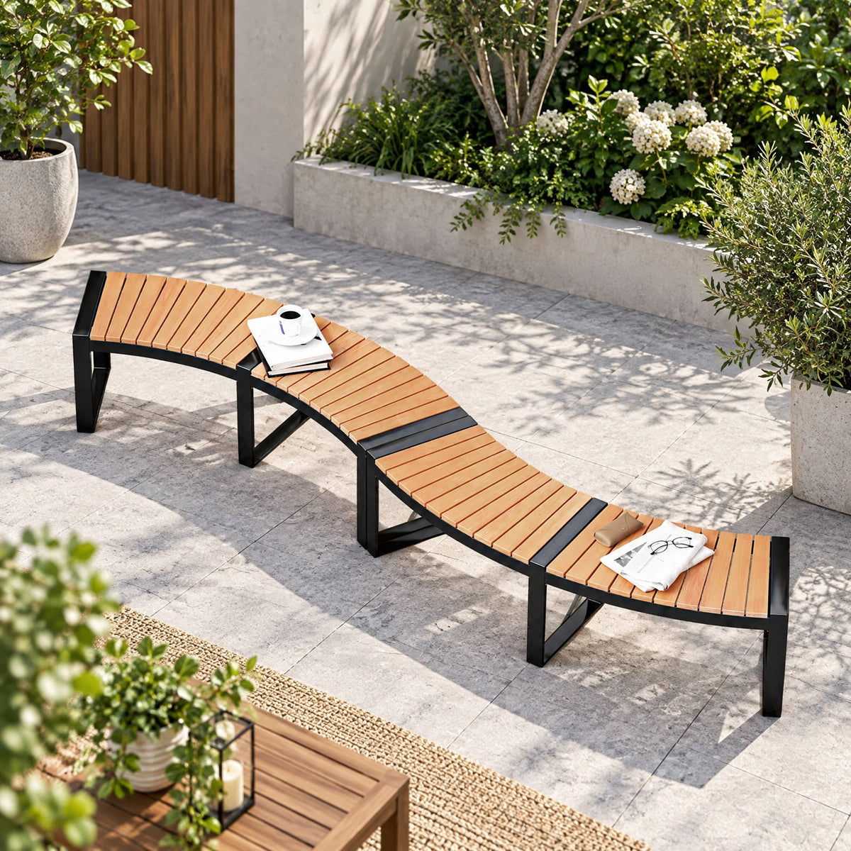 Airfind Patio Curved Bench with Slatted Seat and Metal Legs-1 Piece, 57.5 x 23 x 18Seat Depth 16Weight Footprint