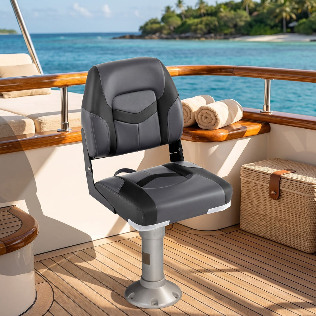 Airfind Folding Low Back Boat Seats 2 Pack with Fixing Bolts and Aluminum Hinges for Fishing and Cabin Seating Boats, Black and Gray
